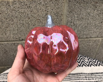 Faceted Hammered Gourd Ceramic Pumpkin - Mother of Pearl Rustic Apple Red and Silver  Stem - Fairytale Cinderella Pumpkins - Fall Home Decor