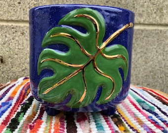 Speckled Royal Blue and Green Speckled Monstera Leaf and REAL Yellow GOLD Ceramic Flower Pot - Office Planter - Double Sided - No Drain Hole