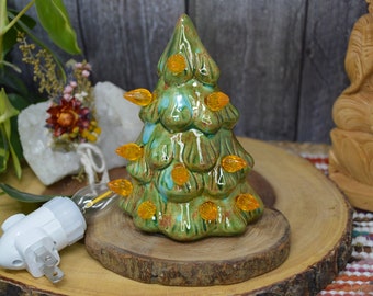 Vintage Style Ceramic Christmas Tree with Lights Wall Plug Nightlight - Hand Painted Speckled Woodland Forest Green - Choose your Lights