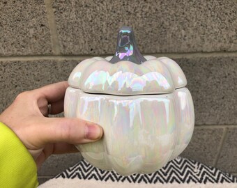 Plump Gourd Ceramic Pumpkin Container - Mother of Pearl White Oil Slick and Silver Gray - Fairytale Fall Halloween Decor Canister Jar Box