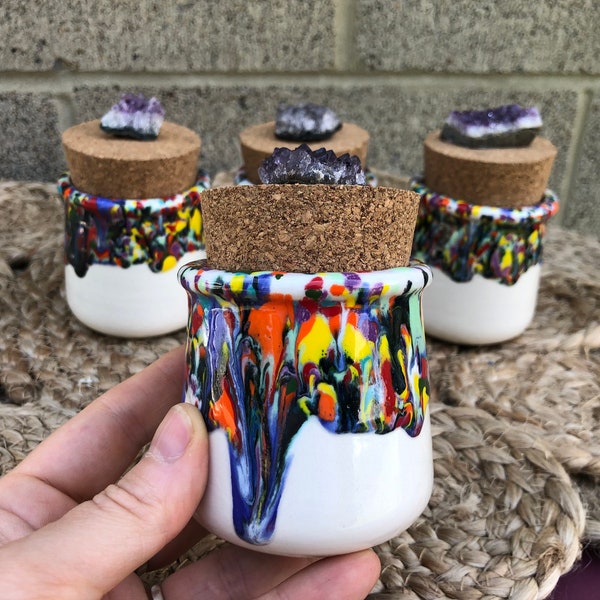 Amethyst Cluster and Rainbow Crystals Small Ceramic Stash Jar - Spice Jar - Cork Lid - Colorful One of a Kind Crystal Burst