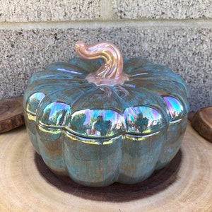 Curled Stem Gourd Ceramic Pumpkin Canister - Mother Of Pearl Mermaid Shimmer and Bright Brown Stem - Fall Halloween Home Decor - Jar Box