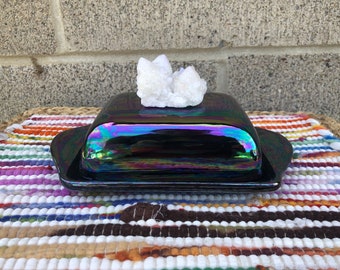 Dubbele Brede Titanium Regenboog Aura Quartz Keramische Boter Schotel - Wit Opalescent- Olie Slick - Parelmoer - Crystal Knob Top