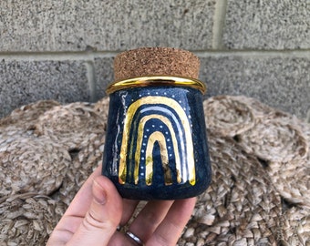 Yellow and White Gold Rainbow  Small Ceramic Stash Jar - Spice Jar - Cork Lid - Denim Daze Blue with Silver and Golds