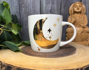 Starburst Yellow Gold Crescent Moon Galaxy Coffee Mug - Metallic Lunar Phase with Stars - 12-14 oz