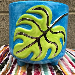 Sky Blue and Neon Green Speckled Monstera Leaf and REAL White GOLD Ceramic Flower Pot - Office Planter - Double Sided - No Drain Hole