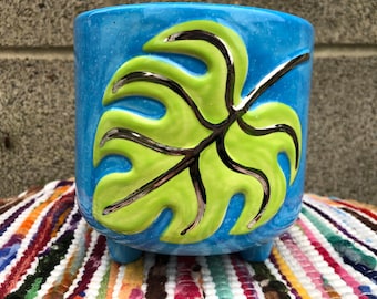 Sky Blue and Neon Green Speckled Monstera Leaf and REAL White GOLD Ceramic Flower Pot - Office Planter - Double Sided - No Drain Hole