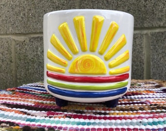 Rainbow Striped Sunburst Ceramic Flower Pot - Office Planter - Colorful Sunshine Whimsical - No Drain Hole