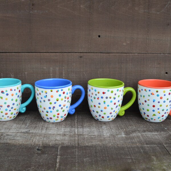 Awesome Dots Looped Handle Ceramic Rainbow Coffee Mug - 15 oz. - OOAK Hand Painted Mug - Orange Interior