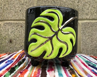 Black and Neon Green Speckled Monstera Leaf and REAL White GOLD Ceramic Flower Pot - Office Planter - Double Sided - No Drain Hole