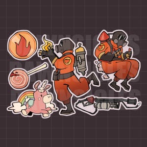 Puede incluir: Un conjunto de pegatinas que muestra a un personaje con traje naranja y máscara de gas, un emblema de llama, un unicornio rosa con un arcoíris, una piruleta y un lanzallamas. El personaje aparece en varias posturas, incluyendo sosteniendo fuego.