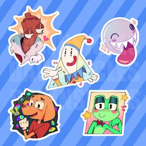 May include: A set of five die-cut stickers featuring cartoon characters: a brown figure with a white collar, a triangular clown in yellow and blue, a round white creature with sharp teeth, an orange dog-like character, and a green frog with a bow tie.