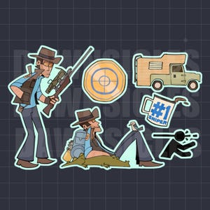 May include: A sticker sheet featuring a cartoon sniper in a hat and vest holding a rifle, a circular target, a camper van, a mug with the text #1 SNIPER, a sniper sitting with a crocodile and bird, and a black silhouette icon of a sniper.