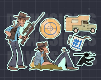 May include: A sticker sheet featuring a cartoon sniper in a hat and vest holding a rifle, a circular target, a camper van, a mug with the text #1 SNIPER, a sniper sitting with a crocodile and bird, and a black silhouette icon of a sniper.