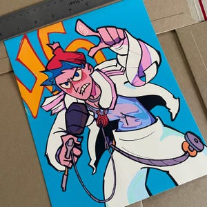 May include: Illustration of a cartoon character with blue hair, a red hat, and a white coat, holding a microphone. The character has an angry expression and is set against a light blue background with orange text.