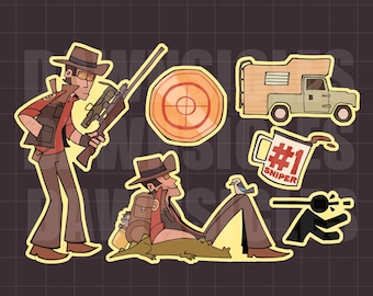 May include: A collection of stickers featuring a character in a hat holding a rifle, a circular target, a camper van, a mug with the text #1 SNIPER, a character sitting with a crocodile and bird, and a black silhouette of a person aiming a rifle.