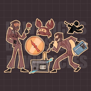 May include: A sticker sheet featuring cartoon characters in brown pinstripe suits, a red rose, a crab, a knife icon, a black silhouette, and a gray Electro-Sapper device with blue electrical sparks. The art style is flat with bold outlines.