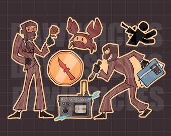 Könnte beinhalten: Ein Stickerbogen mit Zeichentrickfiguren in braunen Nadelstreifenanzügen, einer roten Rose, einer Krabbe, einem Messersymbol, einer schwarzen Silhouette und einem grauen Electro-Sapper-Gerät mit blauen Funken. Flacher Stil mit dicken Konturen.