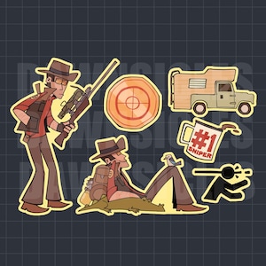 May include: A set of cartoon stickers with a sniper theme. The designs include a sniper with a rifle, a target, a camper van, a mug with "#1 Sniper" text, and a sniper relaxing with a bird and a crocodile.
