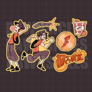 May include: A sticker sheet featuring cartoon characters in orange shirts and brown pants, a shotgun firing, a bucket of fried chicken, a circular emblem with a red winged logo, and the word BONK in orange letters with a radiation symbol.