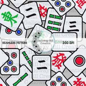 Könnte beinhalten: Nahtloses Muster aus weißen Mahjong-Steinen mit roten, grünen, blauen und schwarzen Symbolen. Das Design umfasst chinesische Schriftzeichen und geometrische Formen. Der Text "SEAMLESS PATTERN" und "300 DPI" sind ebenfalls sichtbar.