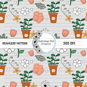 May include: A seamless pattern featuring a light gray background with various floral and plant illustrations. The pattern includes white daisies, orange flowers, green plants in brown pots, and yellow flowers. The text "Galloway Hill Creation" and "Seamless Pattern" are included in the design.