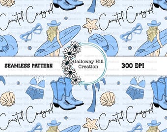 Coastal Cowgirl Seamless Pattern: Beach Western Digital Art (PNG)
