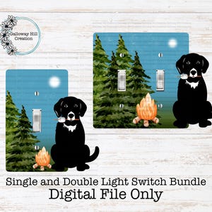 Könnte beinhalten: Dekorative Lichtschalterabdeckungen mit einer schwarzen Labrador-Silhouette mit einem Marshmallow am Stiel, einem Lagerfeuer und Kiefern vor blauem Himmel. Der Text lautet "Single and Double Light Switch Bundle Digital File Only."