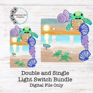 May include: Digital artwork featuring a beach scene with cartoon turtles, seashells, and a sunset. The design includes a light switch bundle with the text "Double and Single Light Switch Bundle Digital File Only."