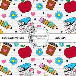 May include: Seamless pattern featuring school-themed illustrations. The design includes red apples, blue books, pencils, coffee cups with hearts, blue flowers, and pink hearts on a white background. The text "Galloway Hill Creation" and "Seamless Pattern" are also present.