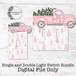 May include: Pink light switch covers with a Christmas tree pattern and a pink truck carrying a Christmas tree. The image includes the text "Single and Double Light Switch Bundle Digital File Only".