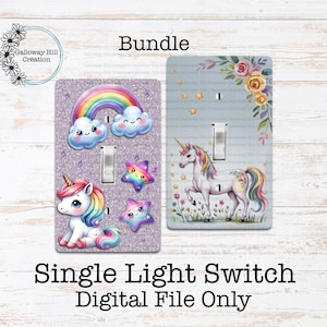May include: A bundle of two single light switch covers. One features a unicorn, rainbow, and stars on a purple glitter background. The other has a unicorn with flowers on a light blue background. Text reads "Bundle" and "Single Light Switch Digital File Only."