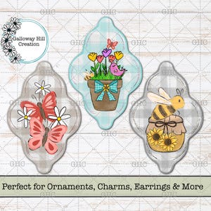 May include: Three decorative ornaments with spring-themed designs. One features butterflies and daisies, another a flower pot with a bird, and the last a bee with sunflowers. The text reads "Perfect for Ornaments, Charms, Earrings & More."