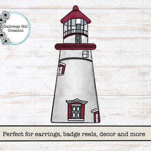 Può includere: Illustrazione digitale di un faro bianco con tetto e finiture rosse. Il faro ha finestre e una porta. Il testo "Galloway Hill Creation" è in un cerchio in alto a sinistra. Il testo "Perfect for earrings, badge reels, decor and more" è in basso.