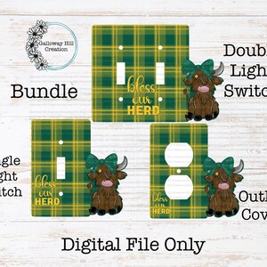 May include: Digital file bundle of light switch and outlet covers. Each cover features a green and yellow plaid pattern, a Highland cow illustration, and the text "Bless our Herd".