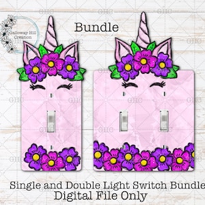 May include: Pink light switch covers with a unicorn design. The covers feature a unicorn horn, ears, and a floral crown. The design includes the text "Bundle" and "Single and Double Light Switch Bundle Digital File Only".