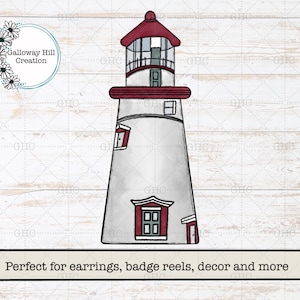 Puede incluir: Una ilustración de un faro con una torre cónica blanca, un techo rojo oscuro, una linterna con paneles de vidrio y marcos de ventana rojo oscuro. El diseño incluye el texto Galloway Hill Creation y Perfect for earrings, badge reels, decor and more.