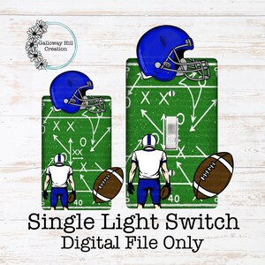 May include: Digital file of a football-themed light switch cover design. The design features a green field with white play diagrams, a blue helmet, a football, and a player in a white and blue uniform.