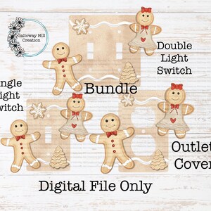 May include: A digital file featuring gingerbread-themed light switch and outlet covers. The design includes gingerbread people, snowflakes, and Christmas trees on a light brown background. Text includes "Single Light Switch", "Double Light Switch", and "Outlet Cover".