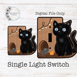 May include: Decorative single light switch cover featuring a black cat with blue eyes, sitting next to a mouse and cheese. The design is set against a wooden background with string lights and the text "Digital File Only".