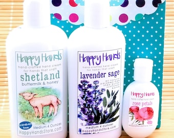 Hand Cream Gift Set Bundle & Save 2 Medium Bottles + 1 Tottle Bottle HAPPY HANDS Scented Shea Butter Lotion in Assorted Scents Your Choice