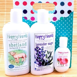 Hand Cream Gift Set Bundle & Save 2 Medium Bottles + 1 Tottle Bottle HAPPY HANDS Scented Shea Butter Lotion in Assorted Scents Your Choice