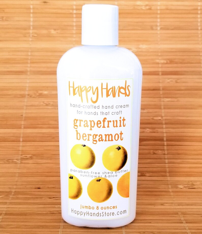 Scented Shea Butter Hand Lotion Grapefruit Bergamot Citrus Fragrance Happy Hands Hand Crafted Natural Hand Lotion Knitters & Crafters Jumbo 8 Ounces