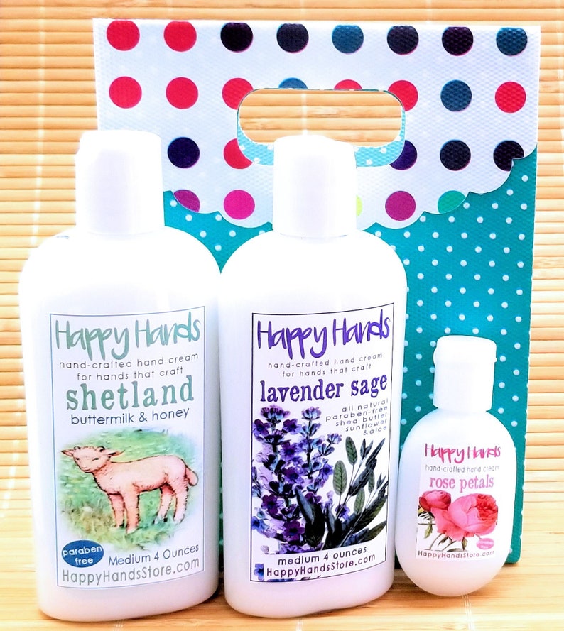 Hand Cream Gift Set Bundle & Save 2 Medium Bottles 1 Tottle Bottle HAPPY HANDS Scented Shea Butter Lotion in Assorted Scents Your Choice image 1