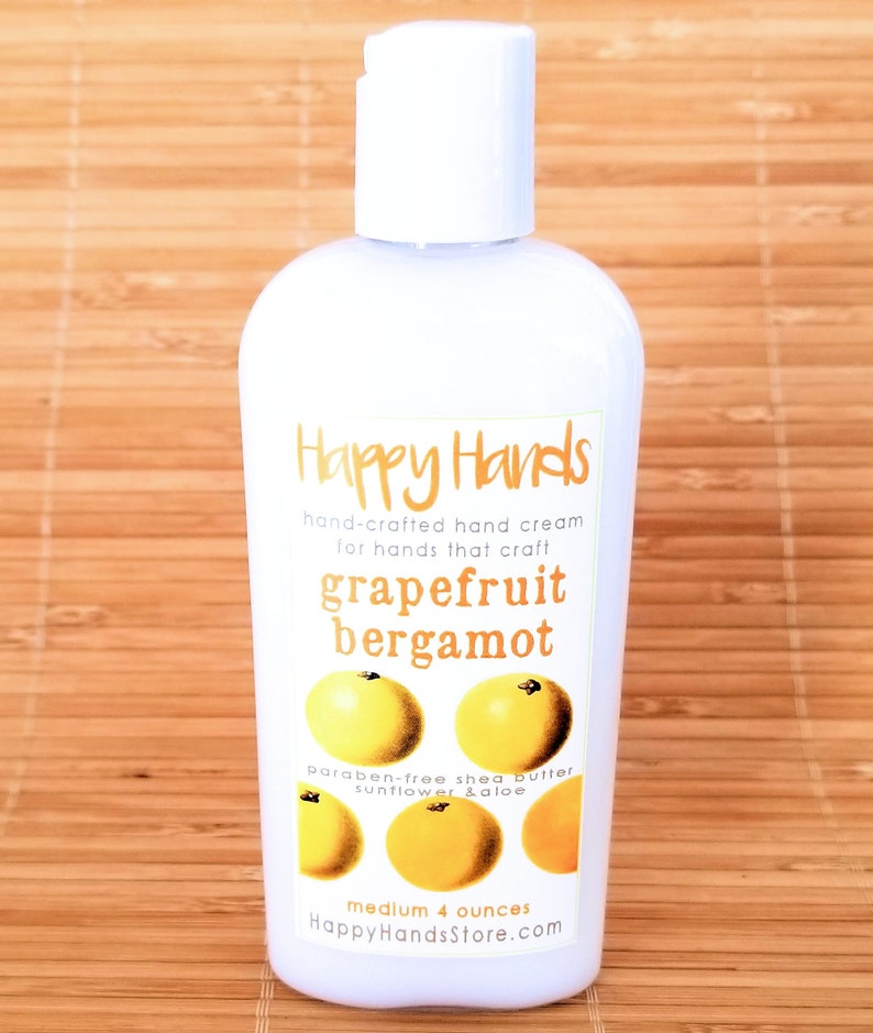 Scented Shea Butter Hand Lotion Grapefruit Bergamot Citrus Fragrance Happy Hands Hand Crafted Natural Hand Lotion Knitters & Crafters Medium 4 Ounces