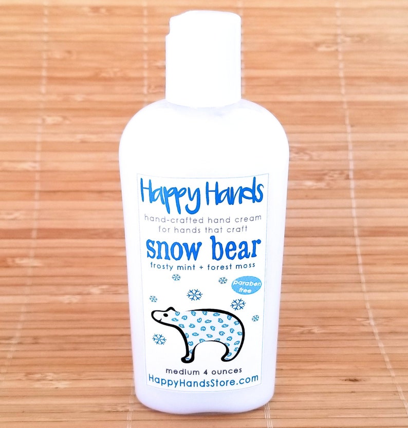 Scented Shea Butter Hand Lotion Snow Bear Frosty Mint & Woodlands Moss Gender Neutral Fragrance Hand Cream Knitters Happy Hands Knitting Medium 4 Ounces