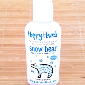 Scented Shea Butter Hand Lotion Snow Bear Frosty Mint & Woodlands Moss Gender Neutral Fragrance Hand Cream Knitters Happy Hands Knitting Travel 2 Ounces