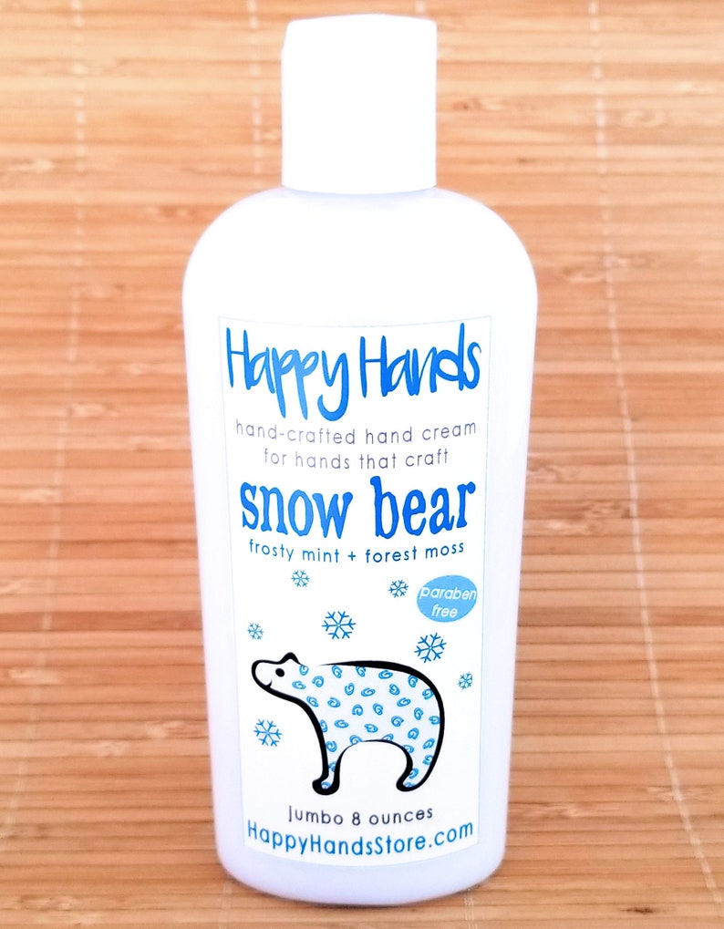 Scented Shea Butter Hand Lotion Snow Bear Frosty Mint & Woodlands Moss Gender Neutral Fragrance Hand Cream Knitters Happy Hands Knitting Jumbo 8 Ounces