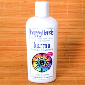 Scented Shea Butter Hand Lotion Karma Lavender Patchouli Fragrance Hand Cream for Knitters Happy Hands Knitting Jumbo 8 Ounces