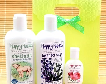 Hand Cream Gift Set Bundle & Save 2 Medium Bottles + 1 Tottle Bottle HAPPY HANDS Scented Shea Butter Lotion in Assorted Scents Your Choice